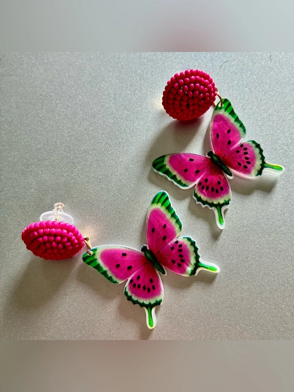 🦋 Pink Watermelon Butterfly Dangle Earrings